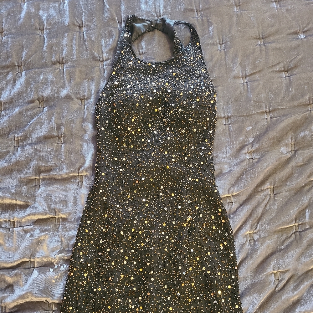 Scala 100% Silk Black Beaded Formal Gown
